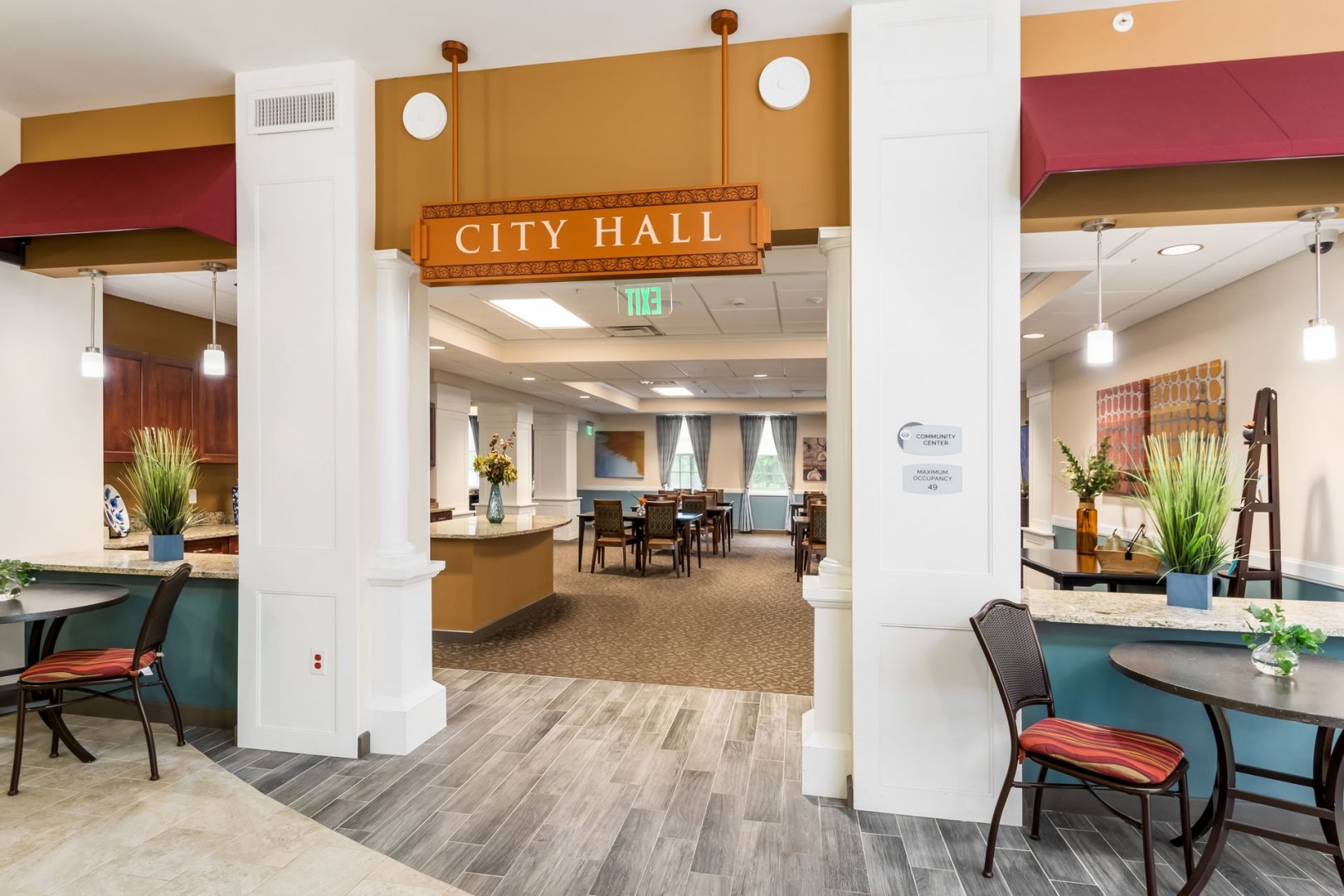 Community Center Entrance in New Albany Senior Living Interior view of the community center labeled City Hall in New Albany, OH senior living community.