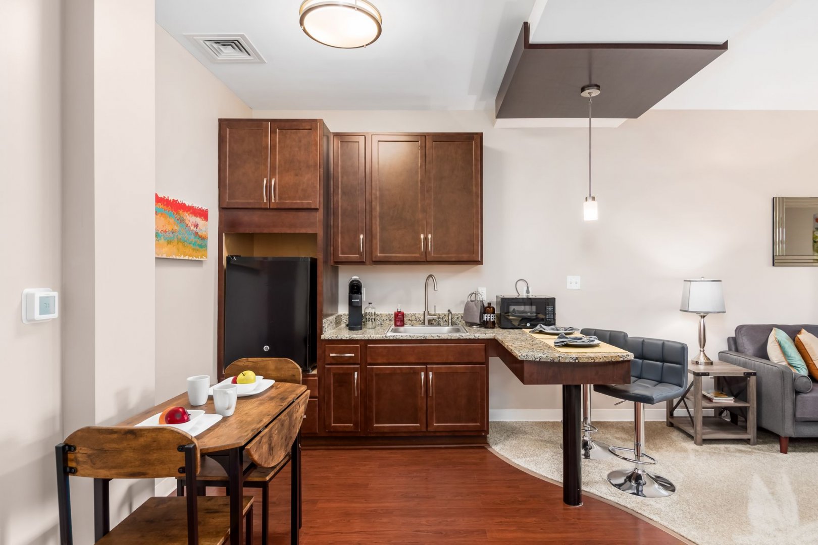 Elegant Senior Living Unit Kitchen and Living Area Modern kitchen and cozy living area in a senior living unit, featuring wooden cabinets and countertop.